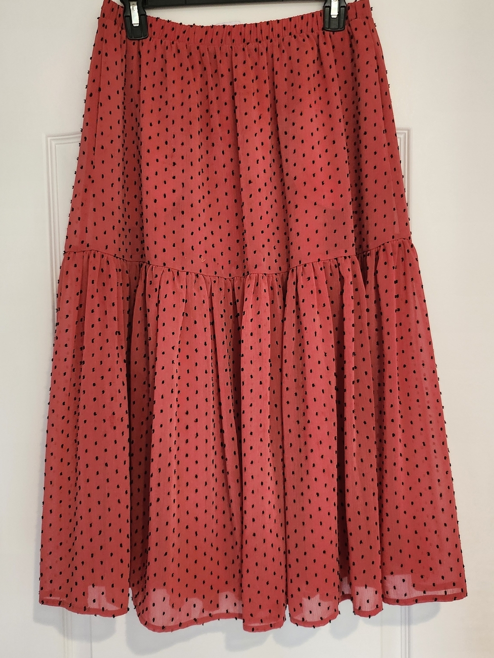 Tiered Midi Skirt in Coral with Black Dot Print